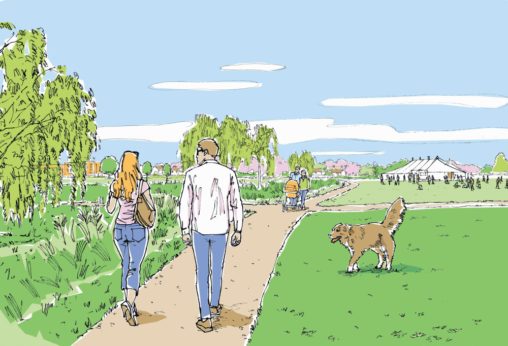 This image: an artist's sketch of two people walking along a
							 path surround by trees and open playing fields and sports pitches.
							 There is a pavillion in the distance. The map: The map has zoomed
							 further into the site and now shows an illustrative masterplan
							 showing where the proposed new homes will be in the west of the
							 site, and the green buffer in the east, with a proposed relief
							 road running between them. There are interactive markers over the
							 green buffer, which show illustrative sketches and photos when
							 clicked on.